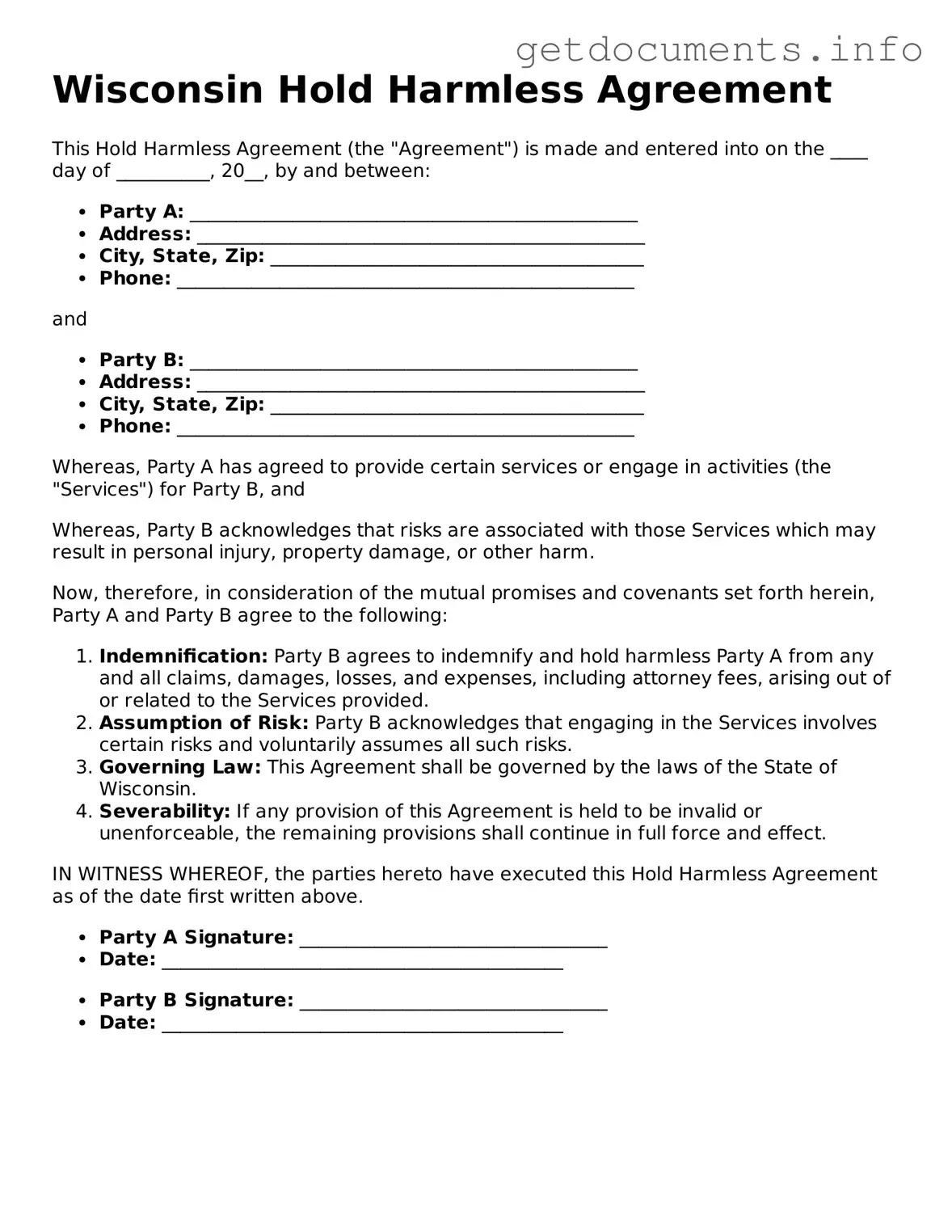 Free Hold Harmless Agreement Template for Wisconsin