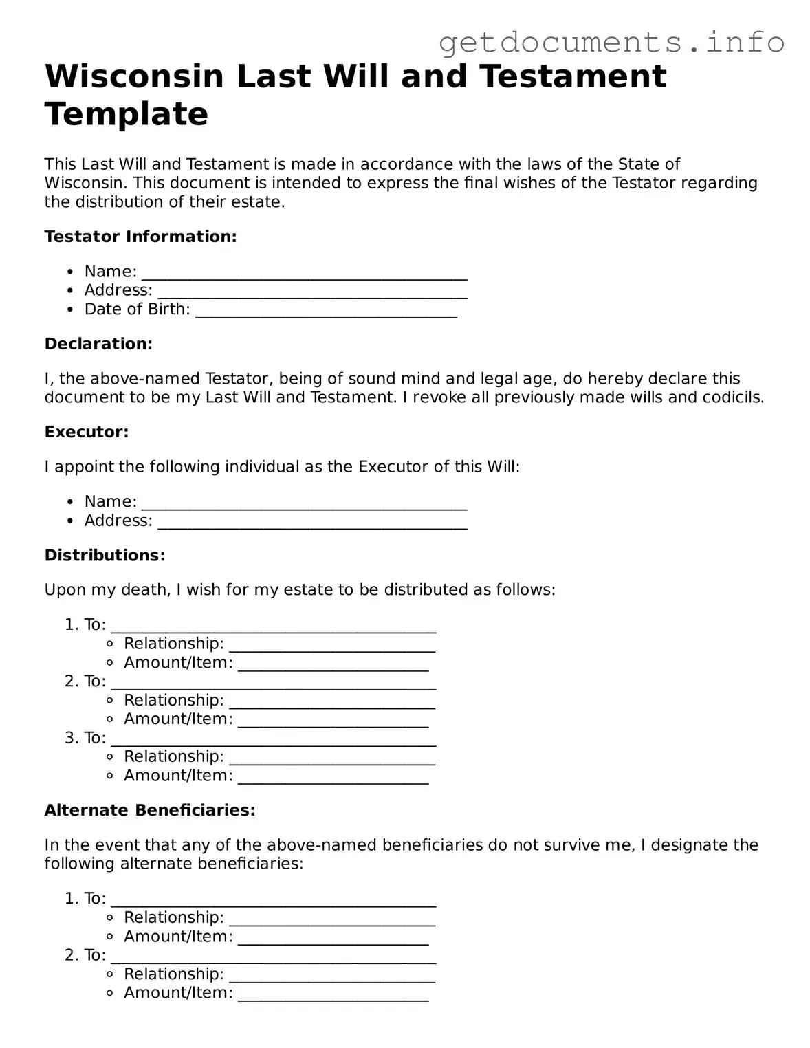 Free Last Will and Testament Template for Wisconsin