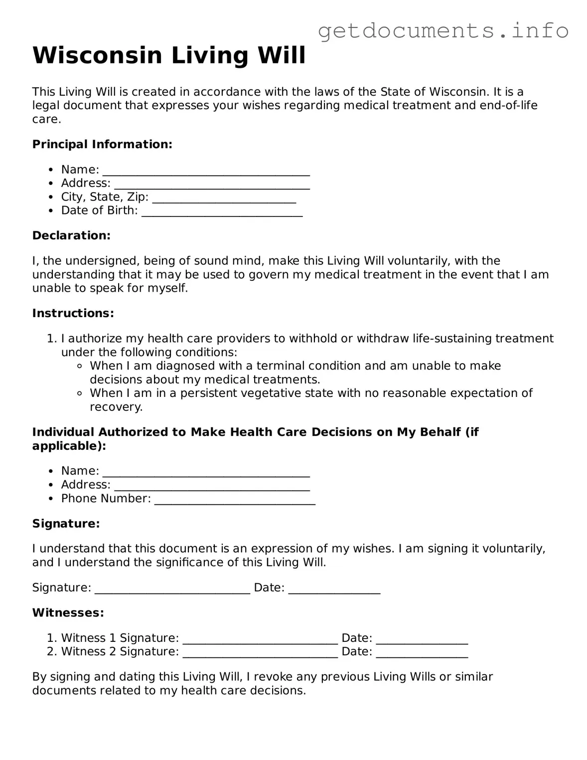 Free Living Will Template for Wisconsin
