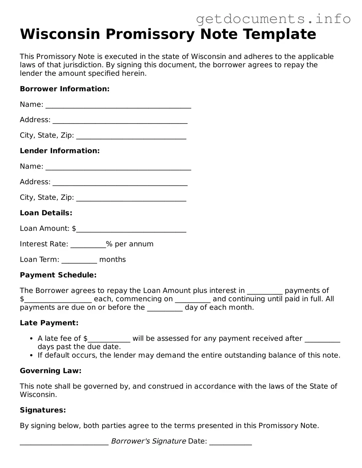 Free Promissory Note Template for Wisconsin