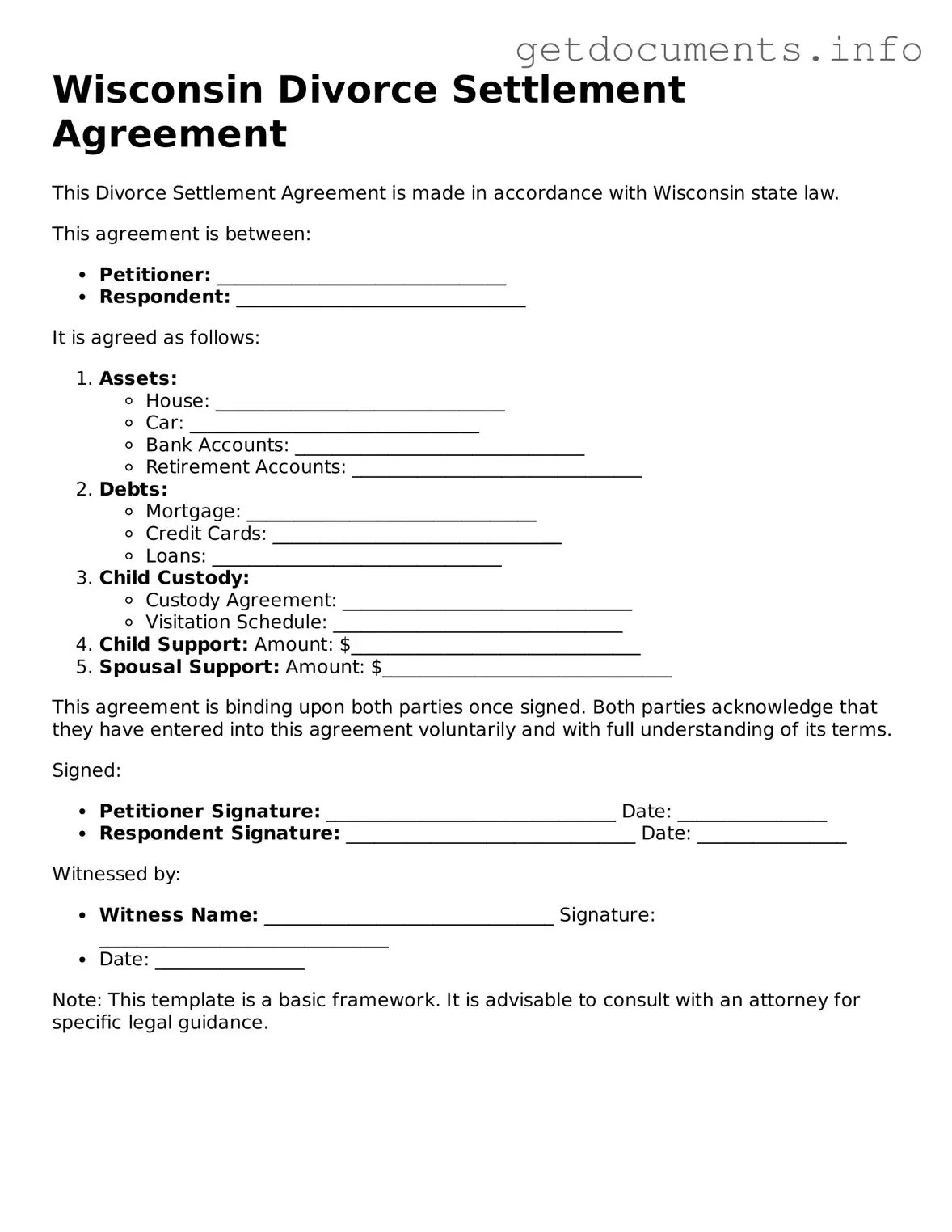 Free Divorce Settlement Agreement Template for Wisconsin