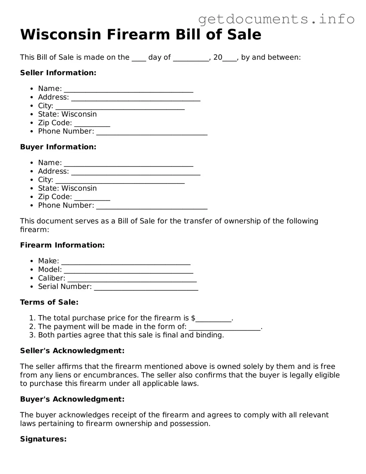 Free  Firearm Bill of Sale Template for Wisconsin