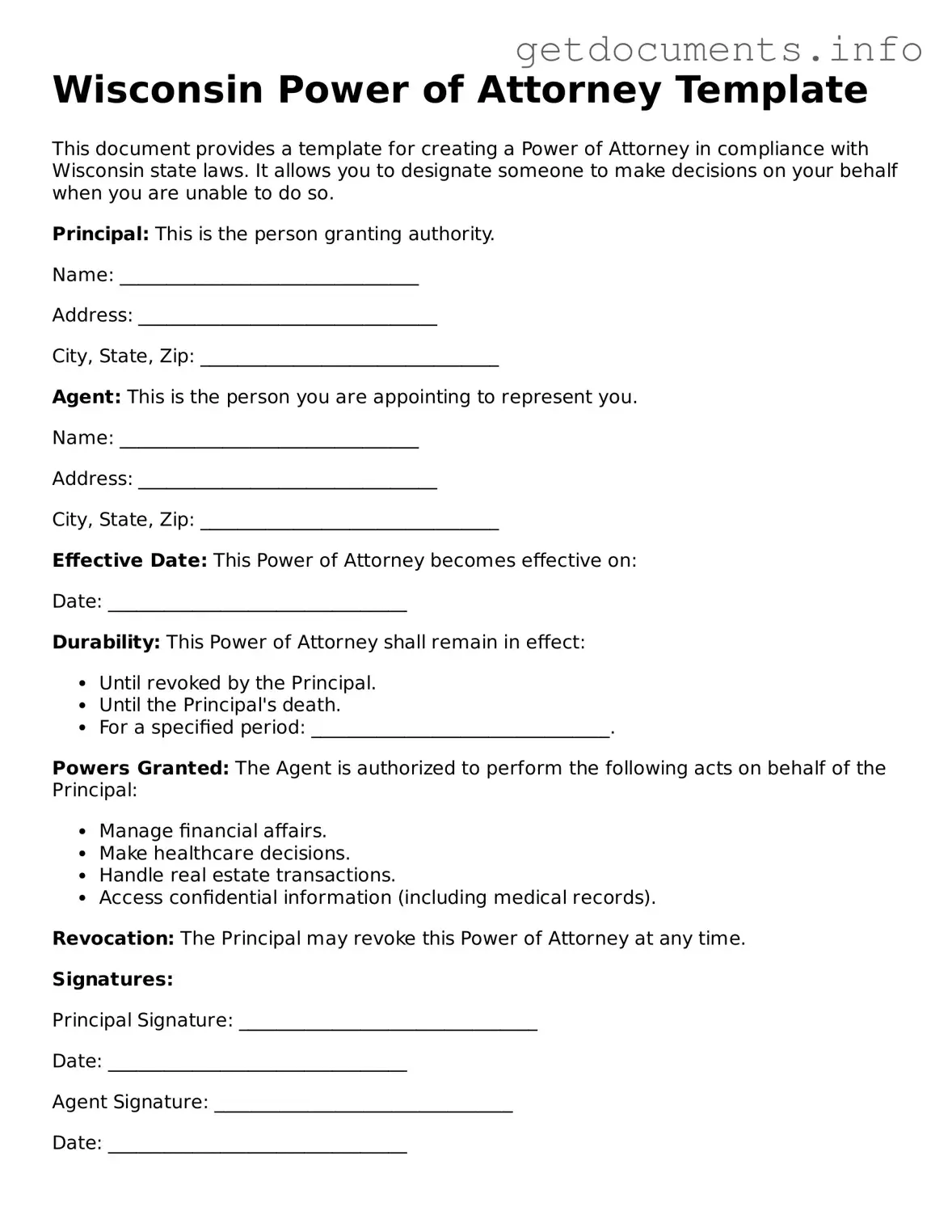 Free  Power of Attorney Template for Wisconsin