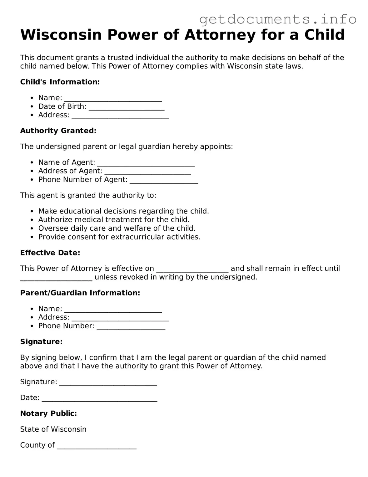 Free Power of Attorney for a Child Template for Wisconsin