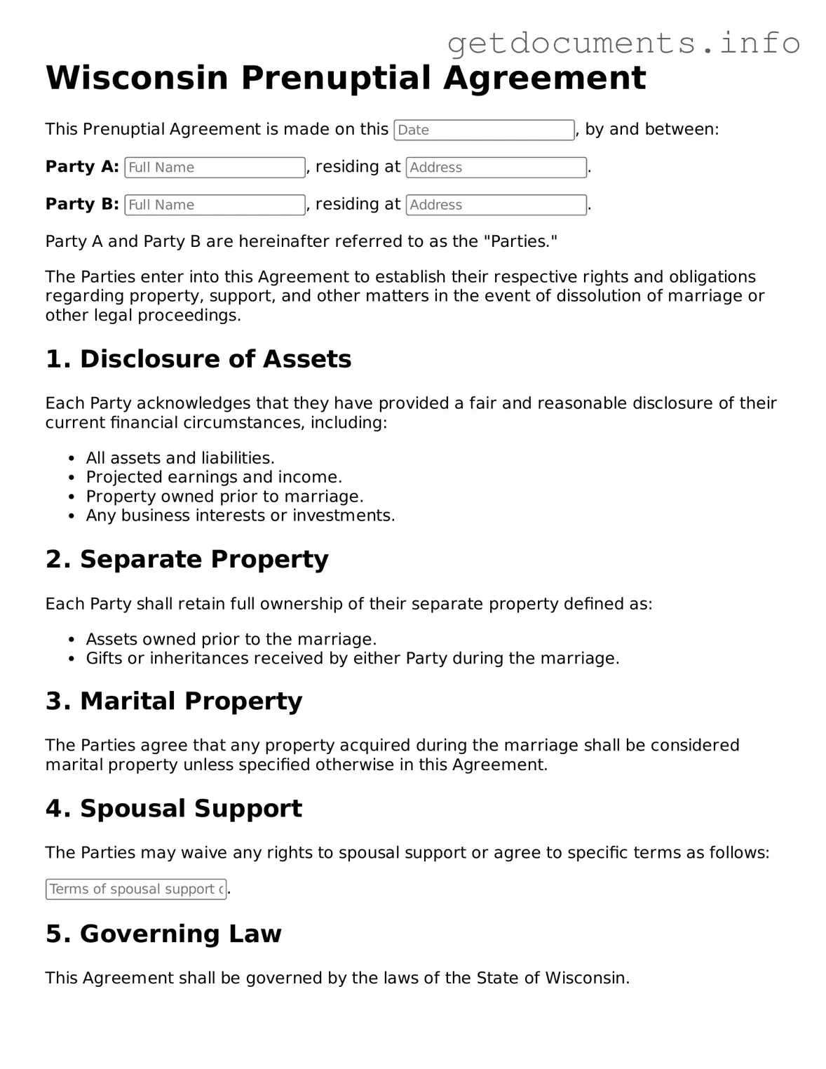 Free Prenuptial Agreement Template for Wisconsin