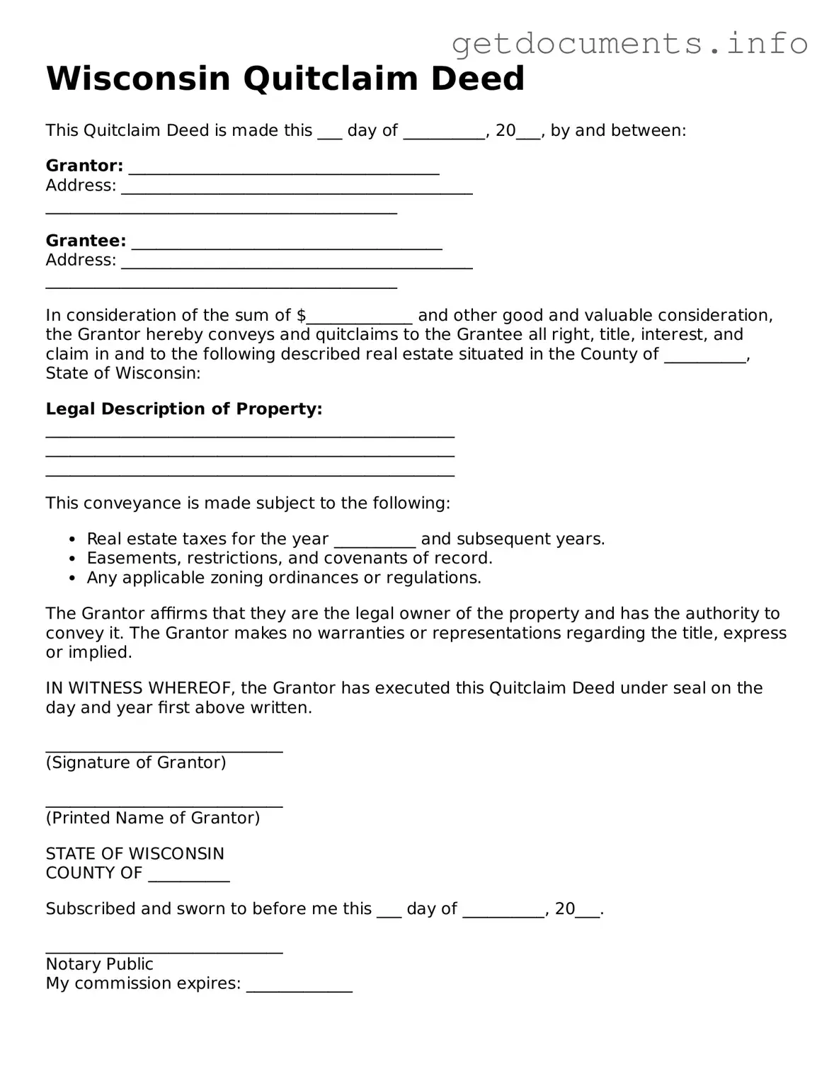 Free  Quitclaim Deed Template for Wisconsin