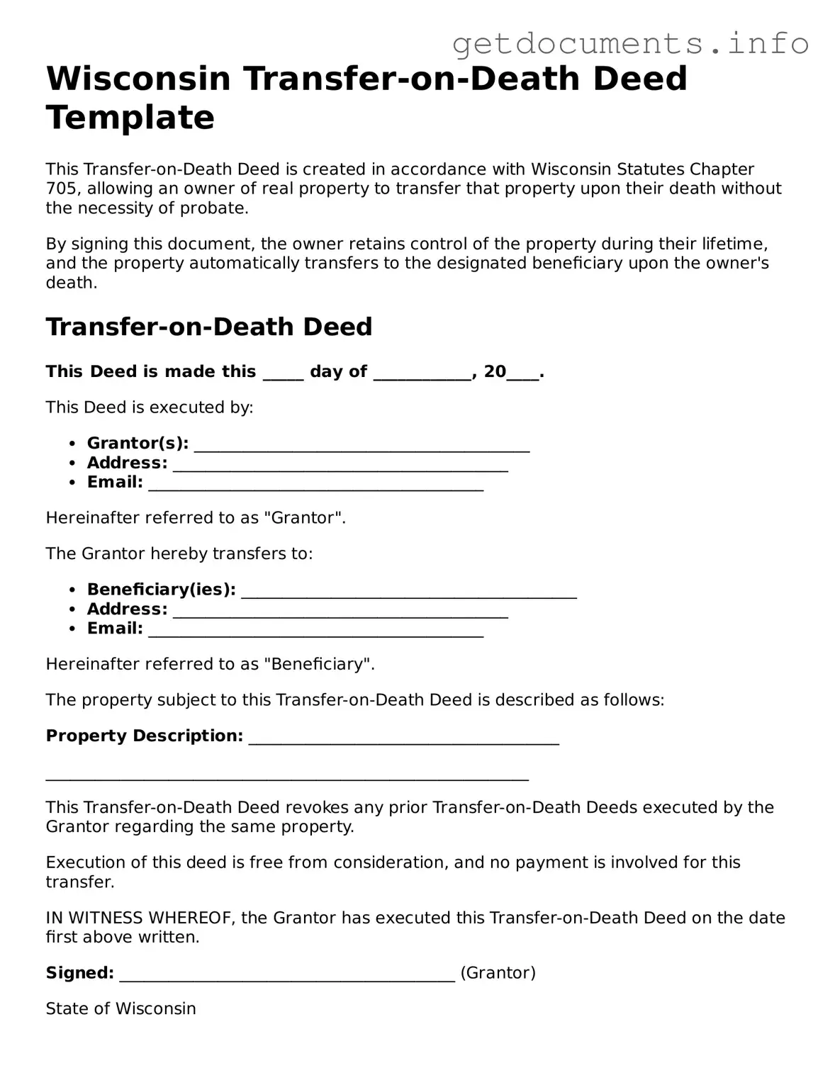 Free  Transfer-on-Death Deed Template for Wisconsin