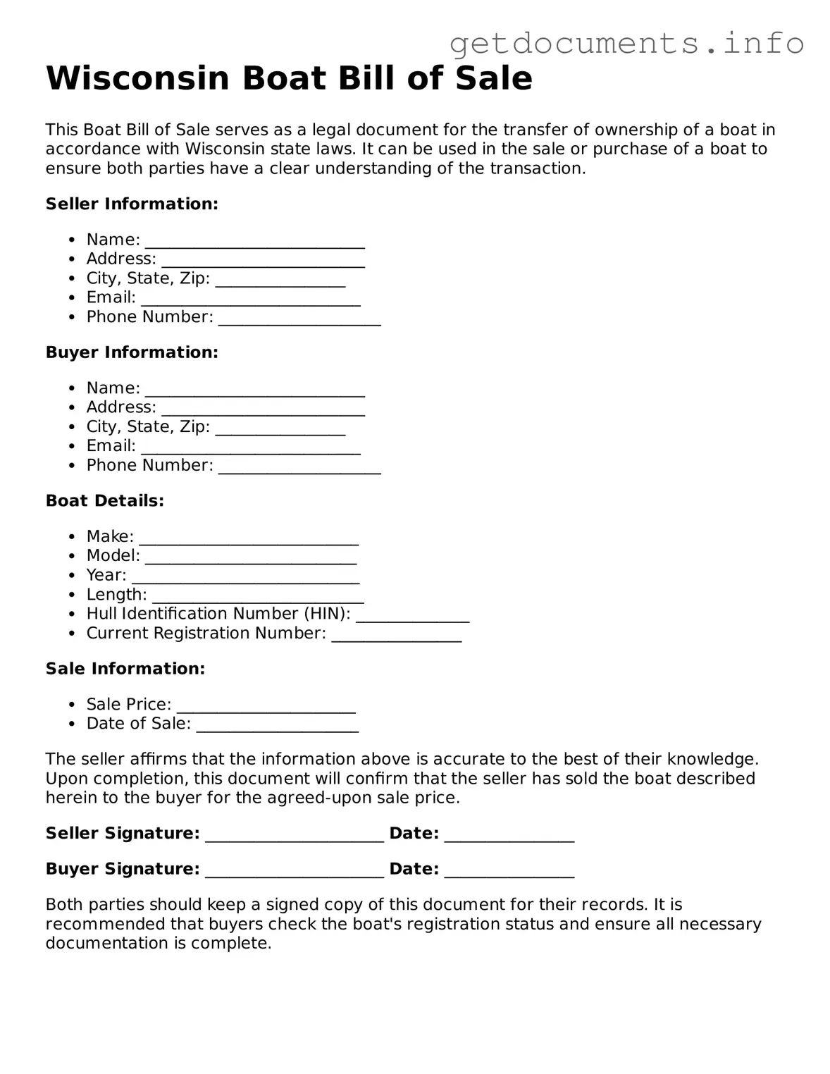 Free Boat Bill of Sale Template for Wisconsin
