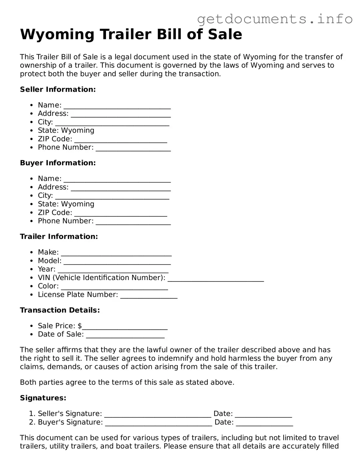 Free  Trailer Bill of Sale Template for Wyoming