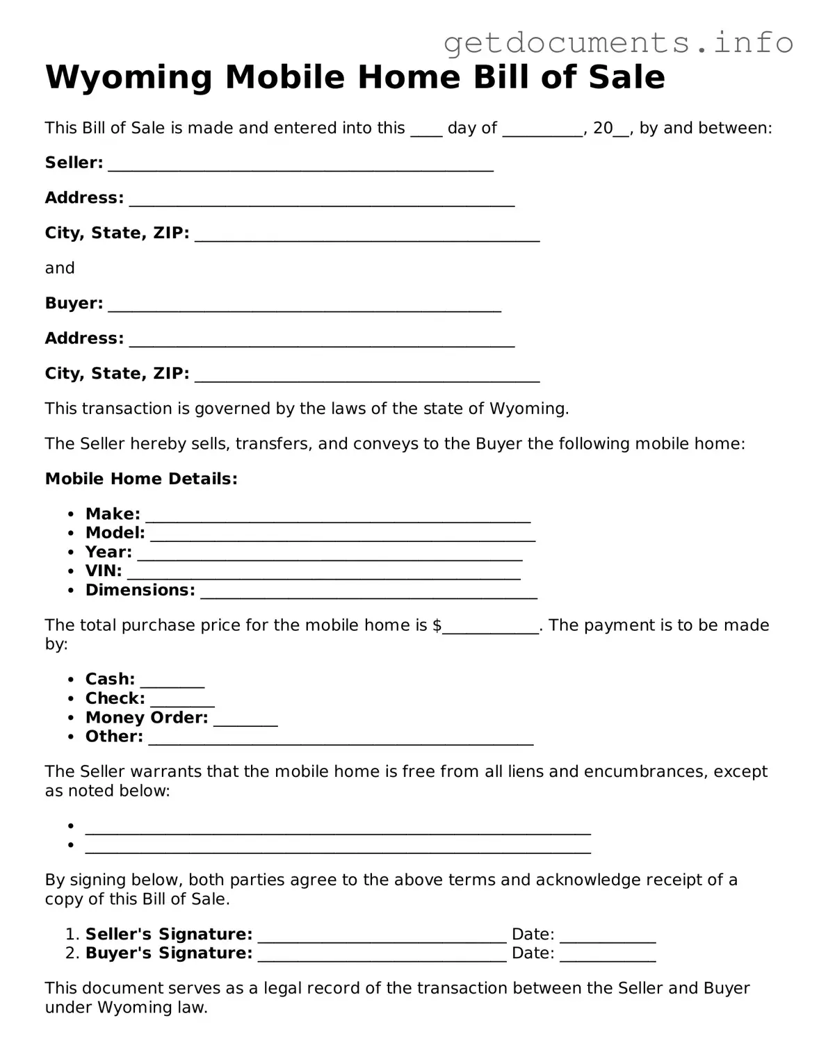 Free Mobile Home Bill of Sale Template for Wyoming