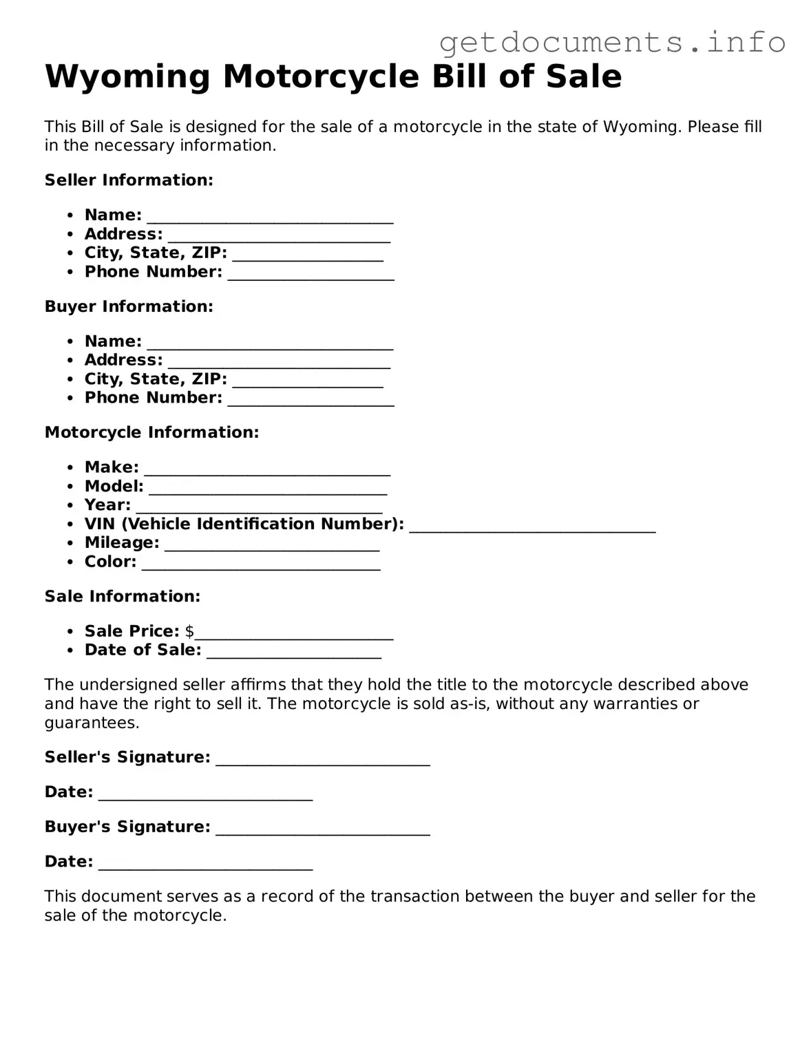 Free Motorcycle Bill of Sale Template for Wyoming