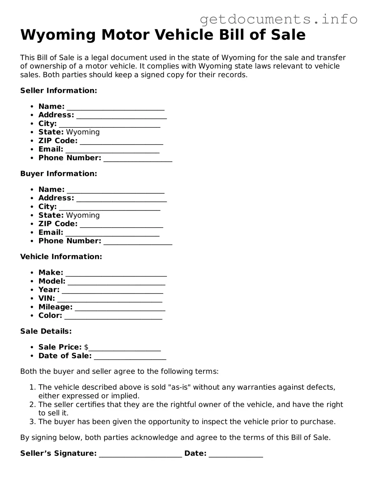 Free Motor Vehicle Bill of Sale Template for Wyoming