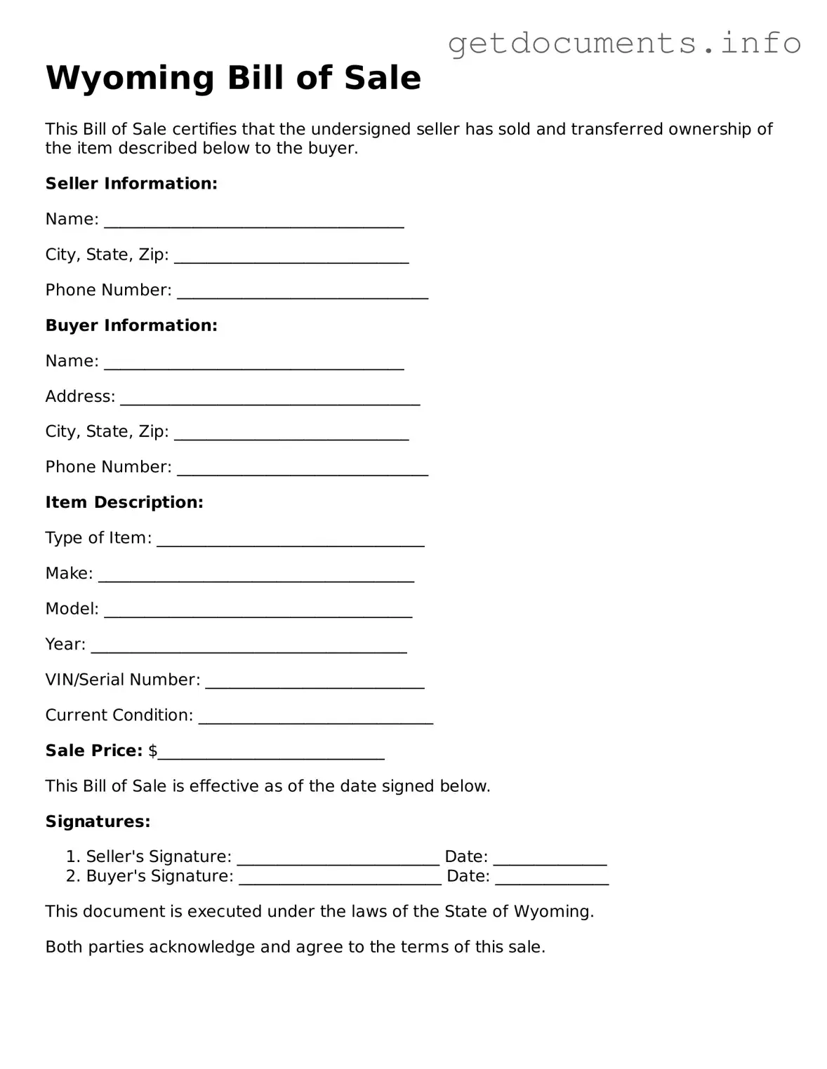 Free Bill of Sale Template for Wyoming