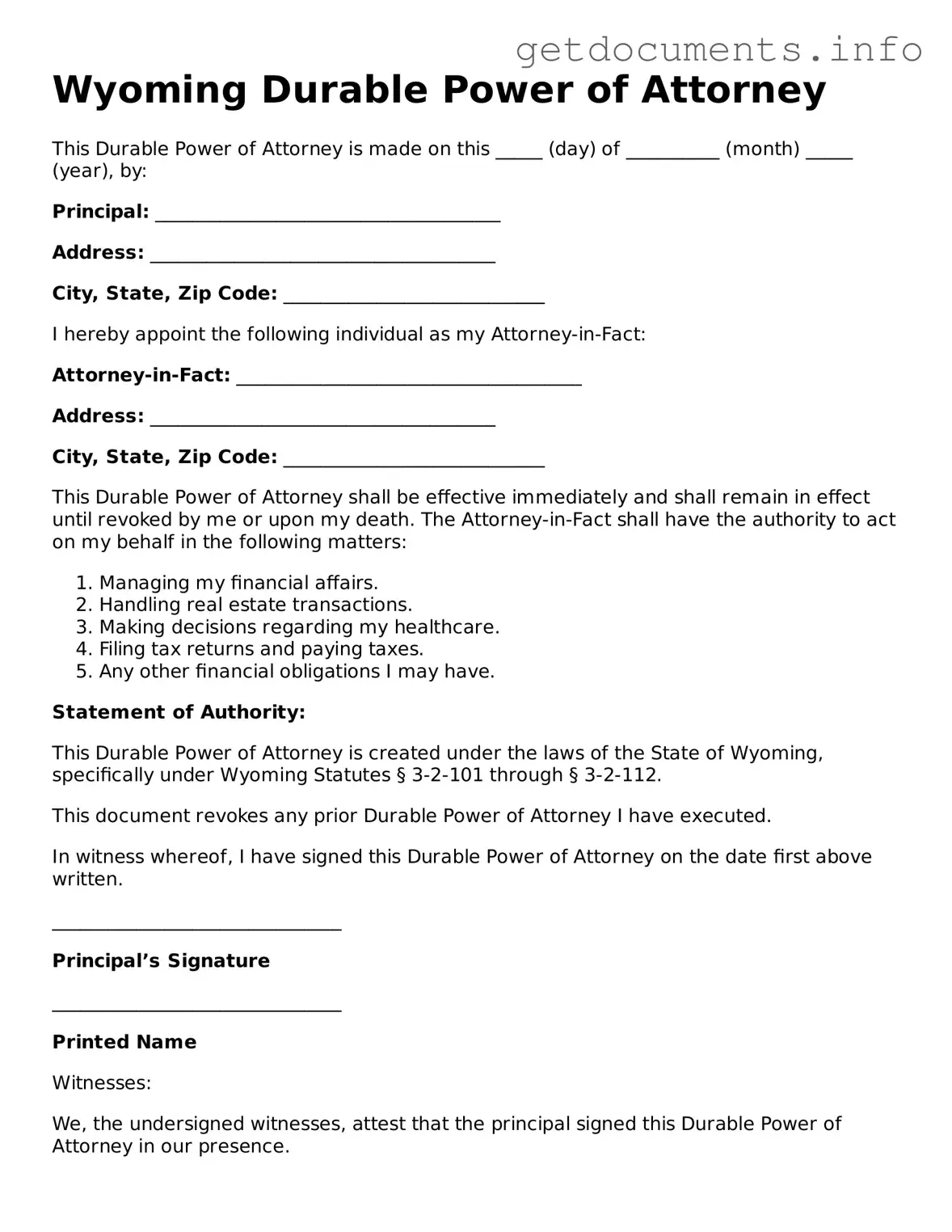 Free Durable Power of Attorney Template for Wyoming