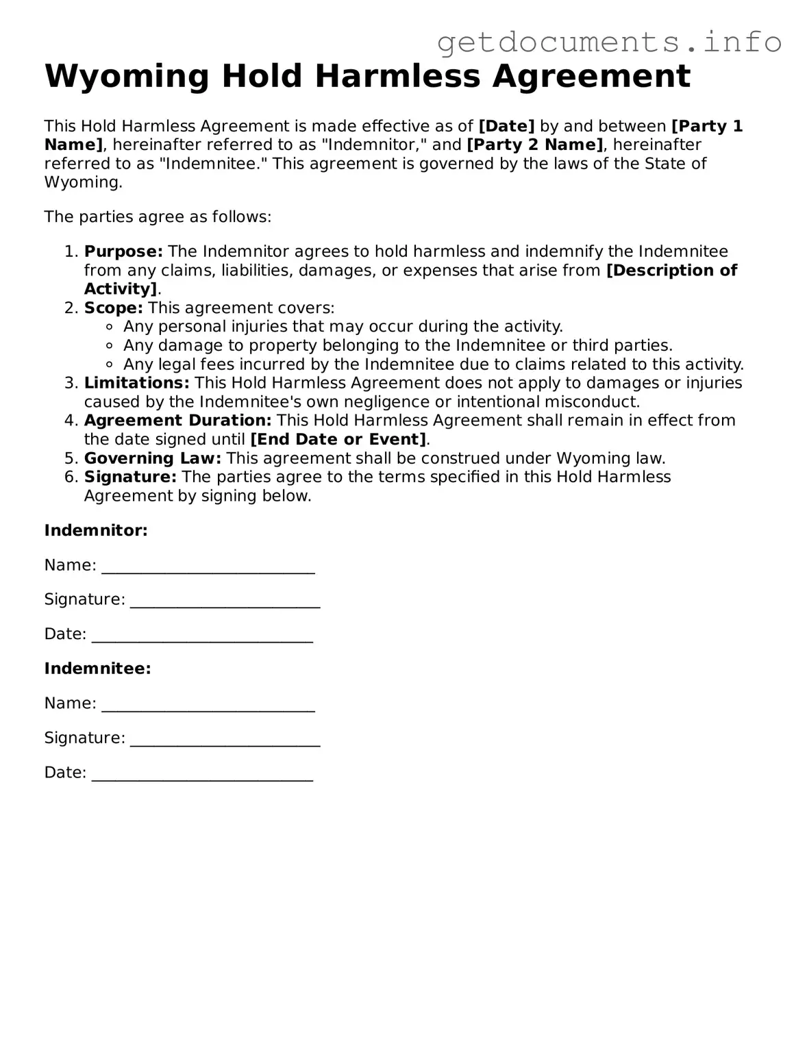 Free  Hold Harmless Agreement Template for Wyoming