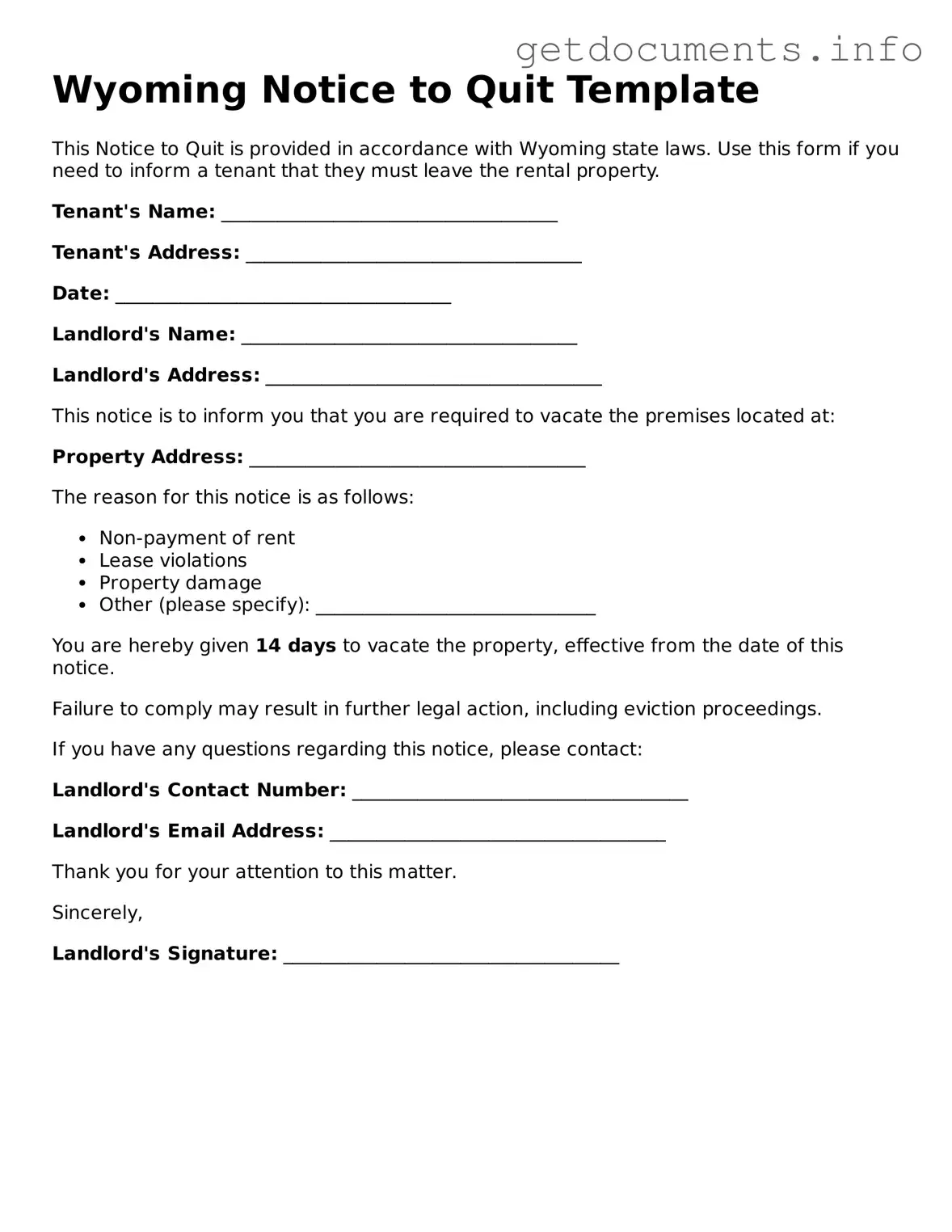 Free  Notice to Quit Template for Wyoming