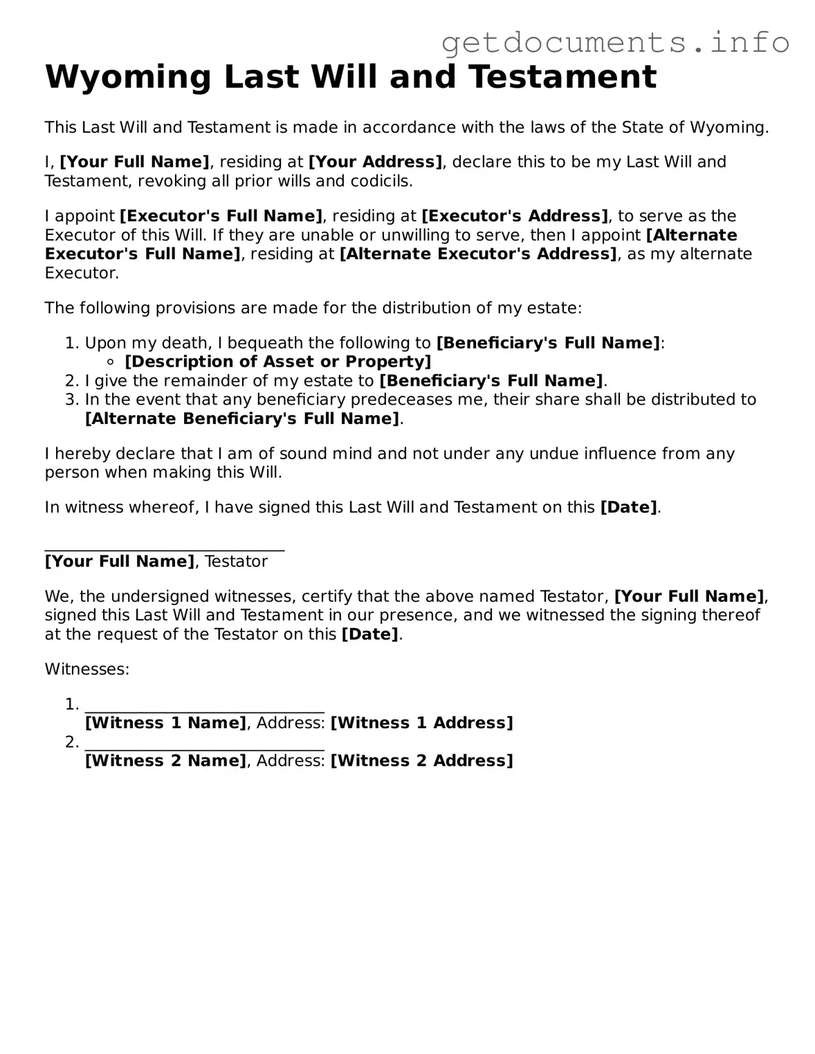 Free  Last Will and Testament Template for Wyoming