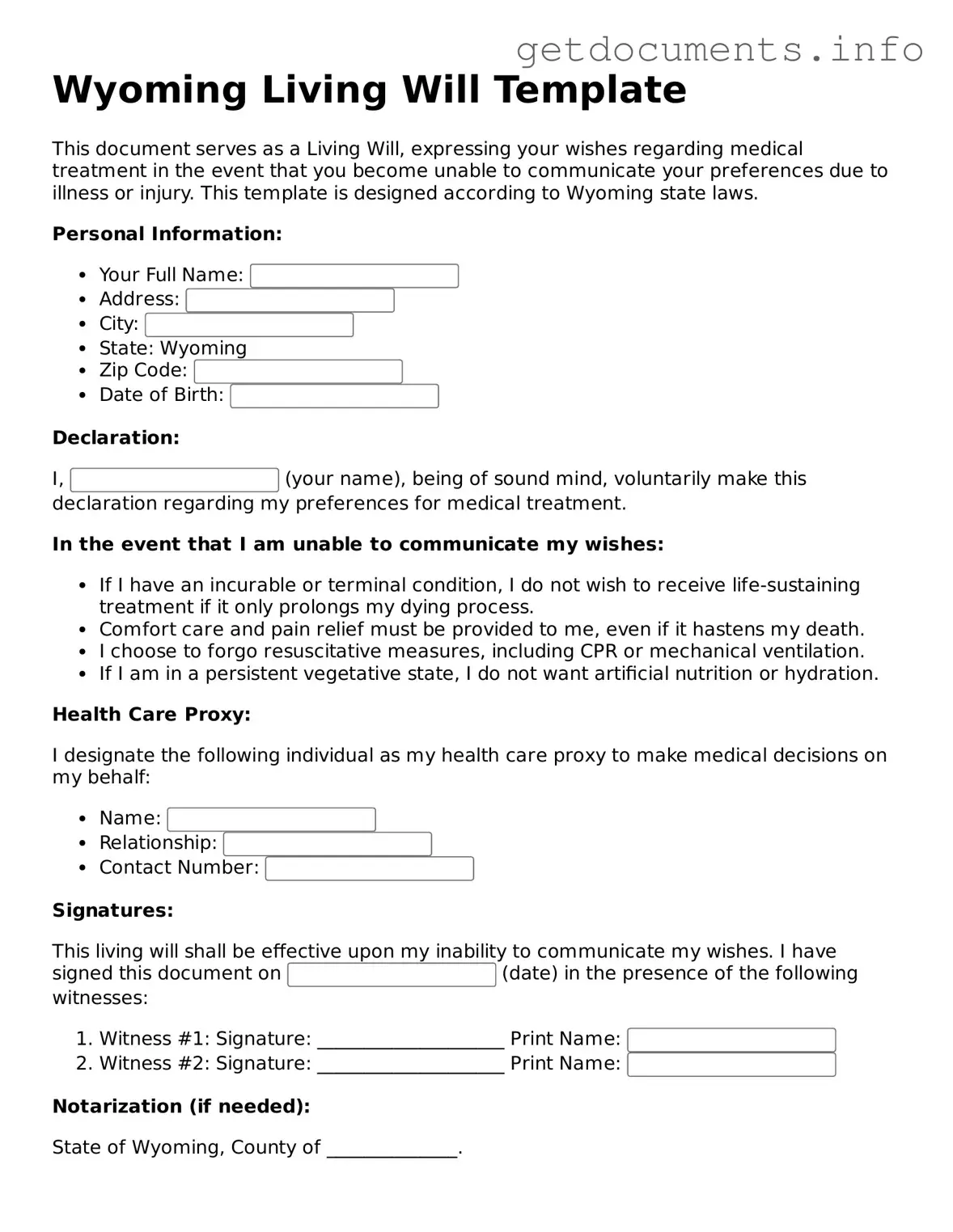 Free Living Will Template for Wyoming