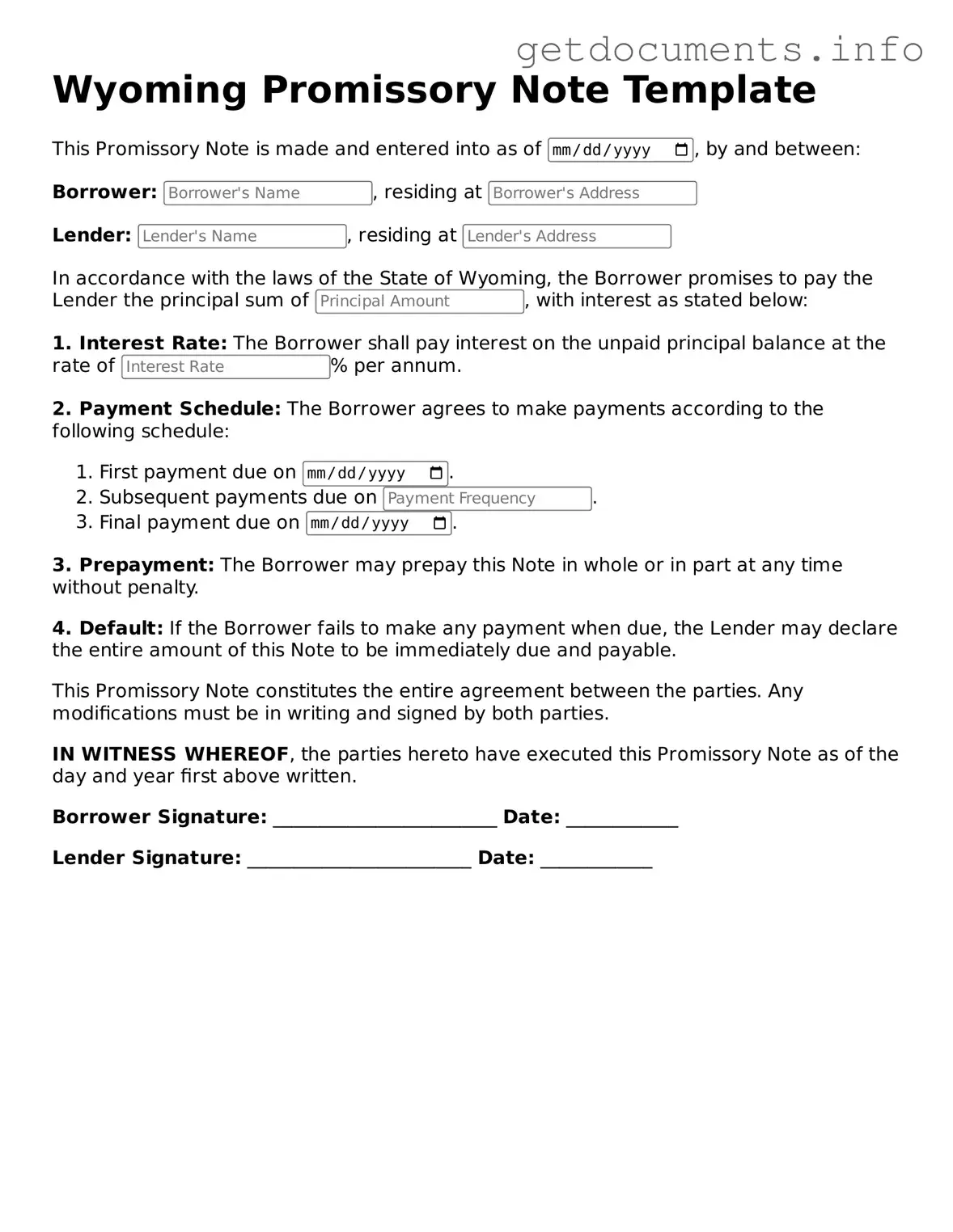 Free Promissory Note Template for Wyoming