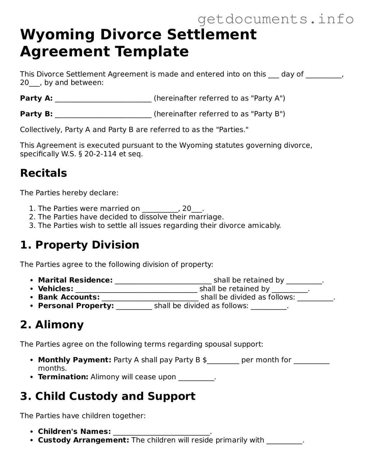 Free Divorce Settlement Agreement Template for Wyoming