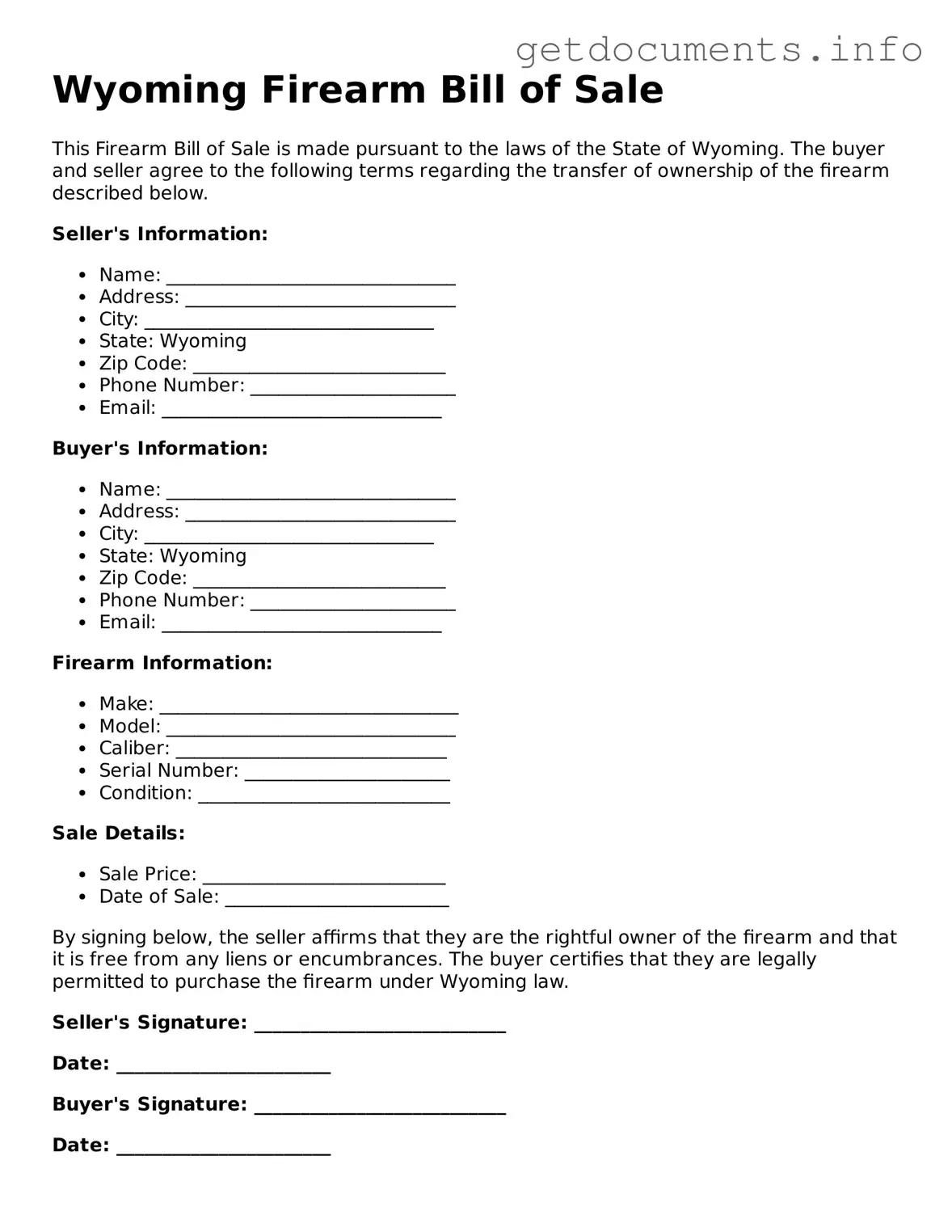 Free Firearm Bill of Sale Template for Wyoming