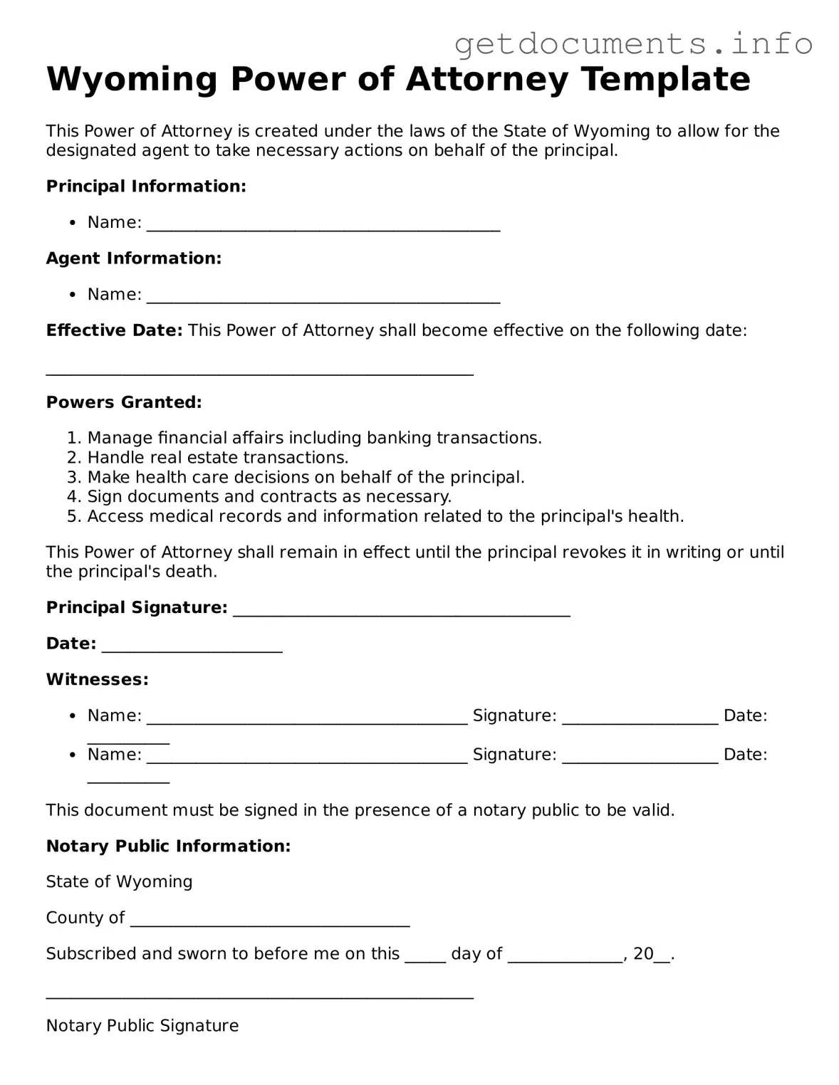 Free Power of Attorney Template for Wyoming