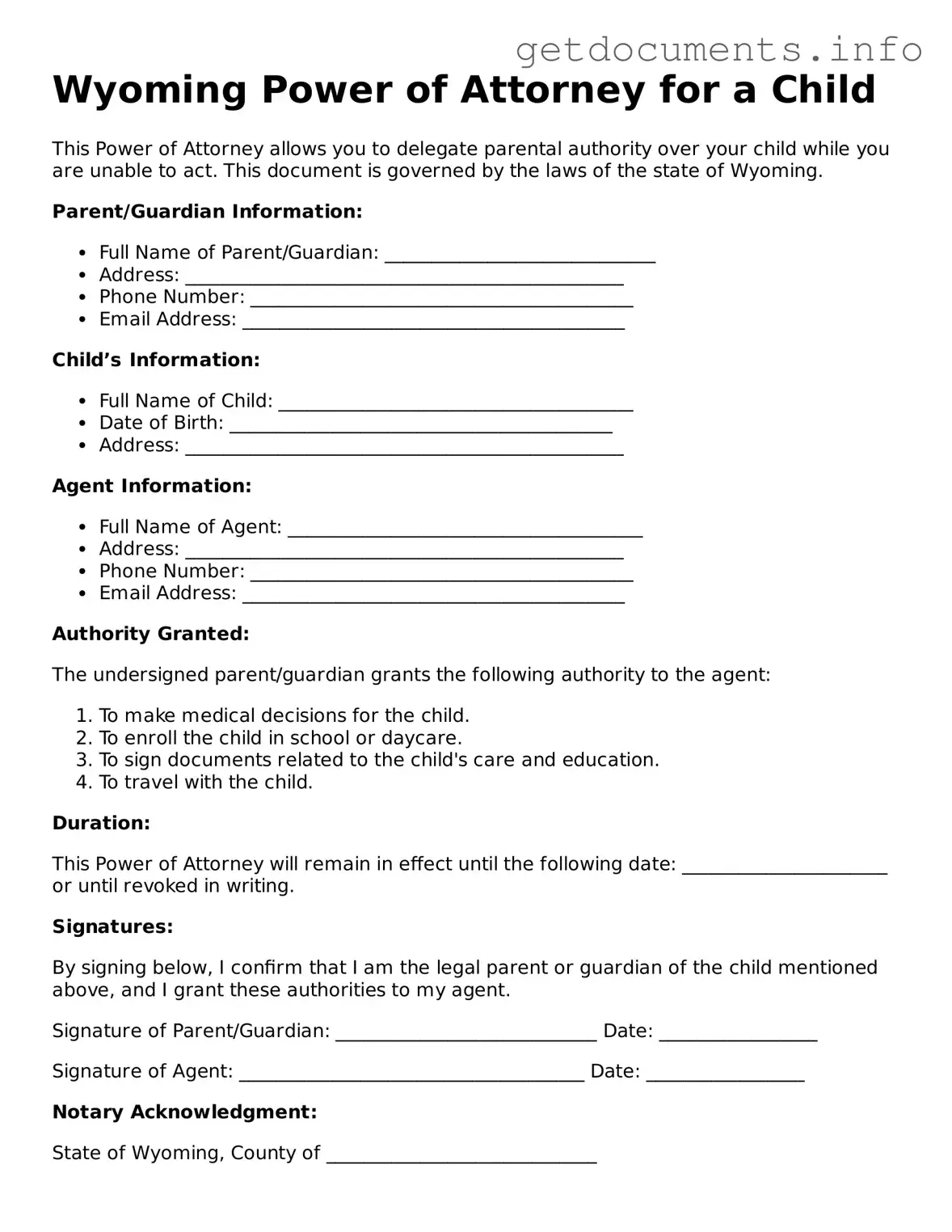 Free Power of Attorney for a Child Template for Wyoming