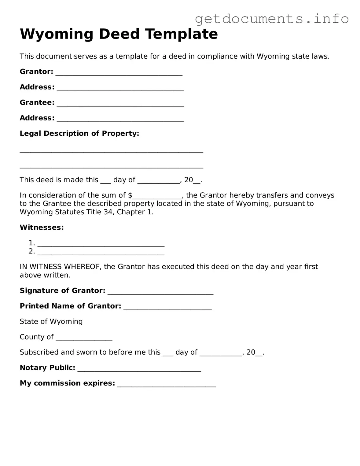Free Deed Template for Wyoming