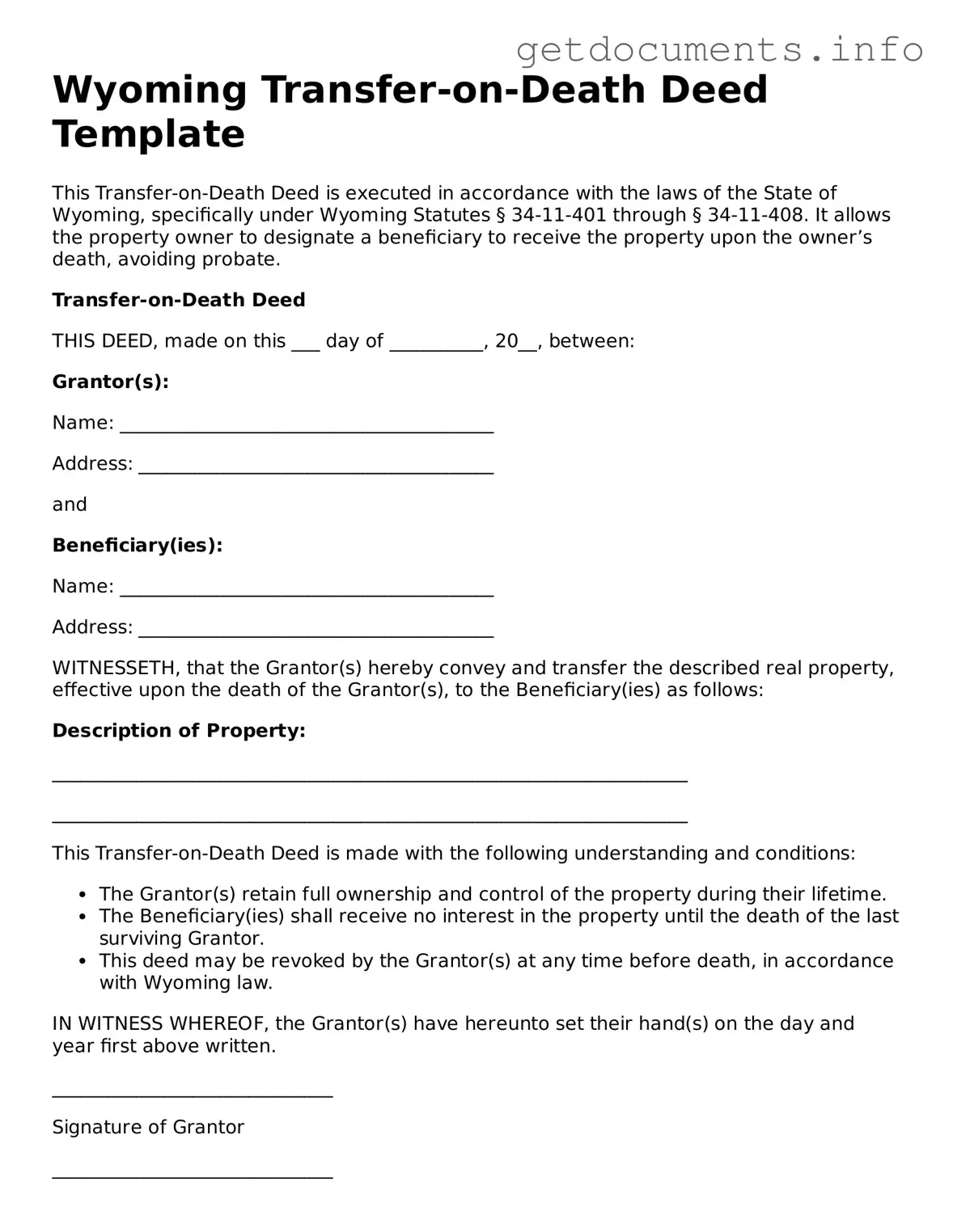 Free  Transfer-on-Death Deed Template for Wyoming