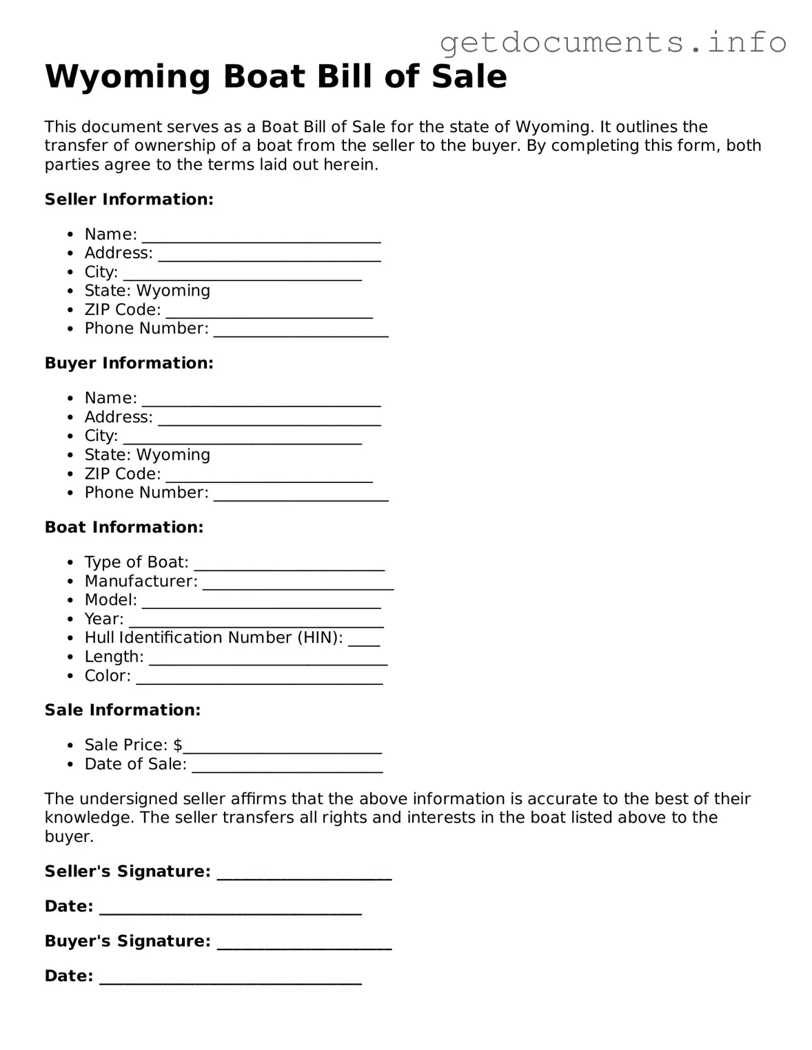 Free  Boat Bill of Sale Template for Wyoming
